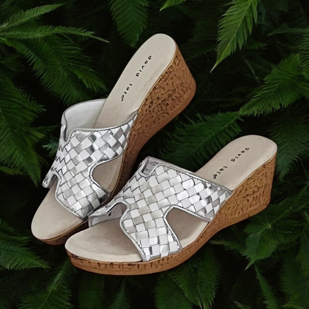 David Tate Moderno Slip On Wedges Sandals Leather Upper Open Toe Silver